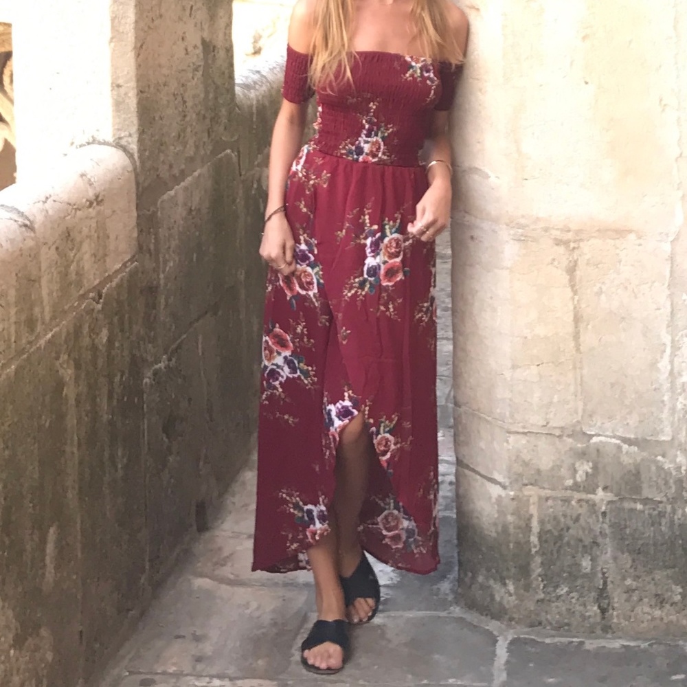 SMOCKED TOP OFF-THE SHOULDER FLORAL MAXI DRESS